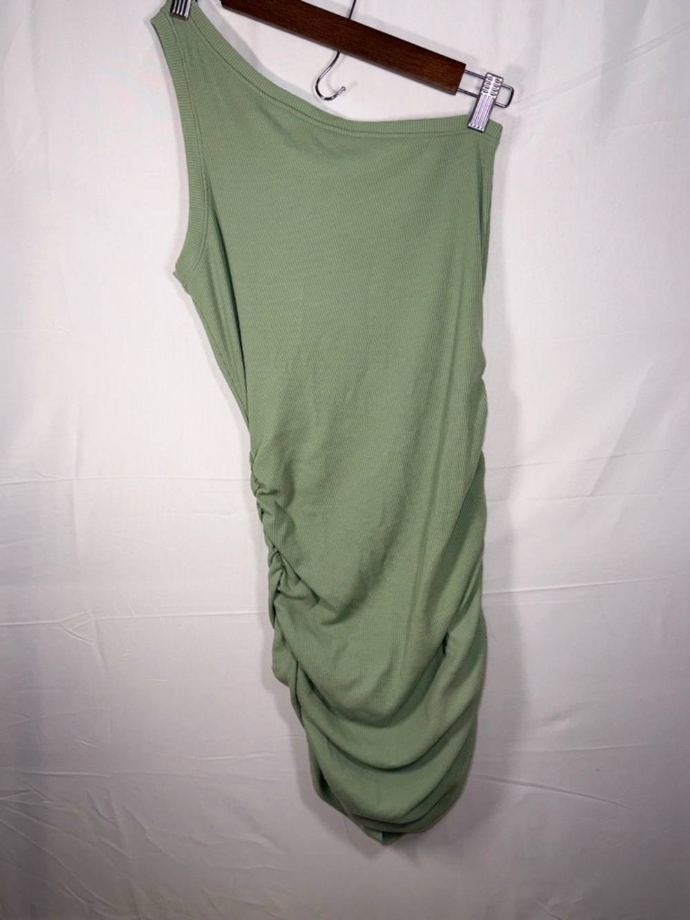 Lulu's One-Shoulder Sage Green Ribbed Tank Ruched Short Dress Size Large - Picture 3 of 16